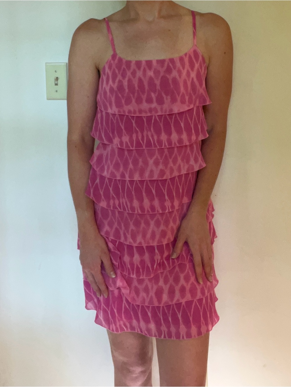 Vintage Tie-Dye Pink Tiered Ruffle Spaghetti Strap Dress, Fun, Feminine, Boho